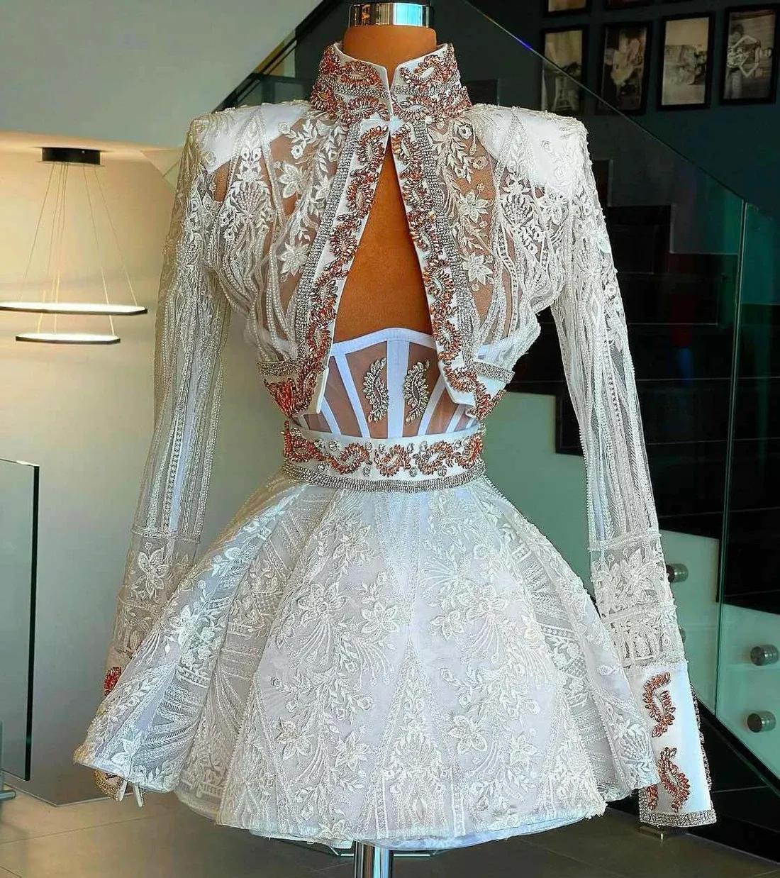 오트 쿠튀르 A라인 긴 소매 칵테일 드레스, 짧은 미니 레이스 비즈 홈커밍 드레스